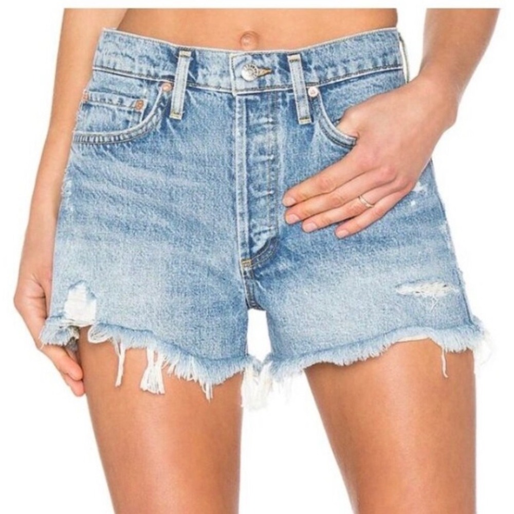 AGOLDE Parker Vintage High Rise Cut Off Denim Shorts Light Indigo Distressed. 28
